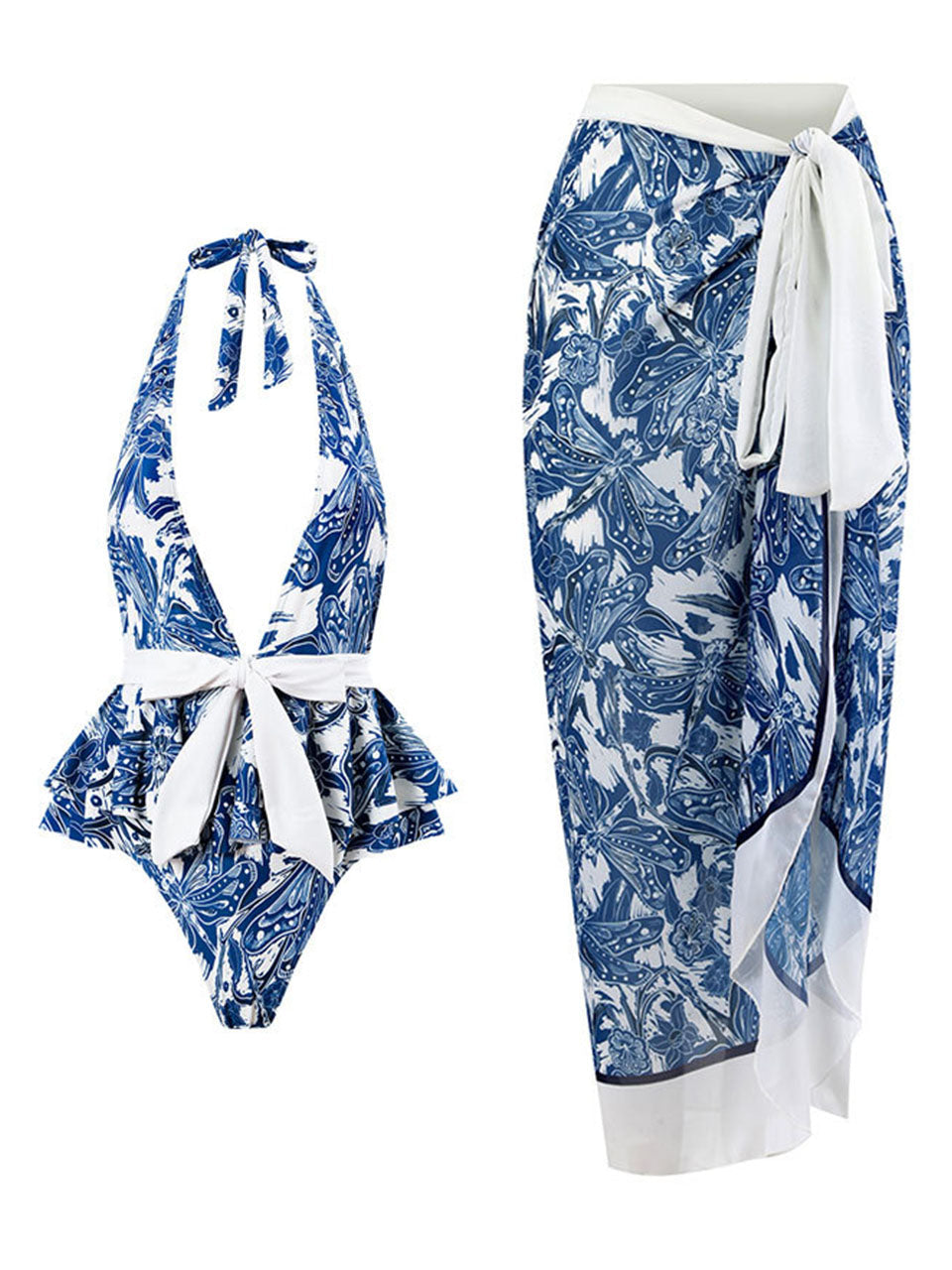 Blue Dragonfly Print V Neck One Piece