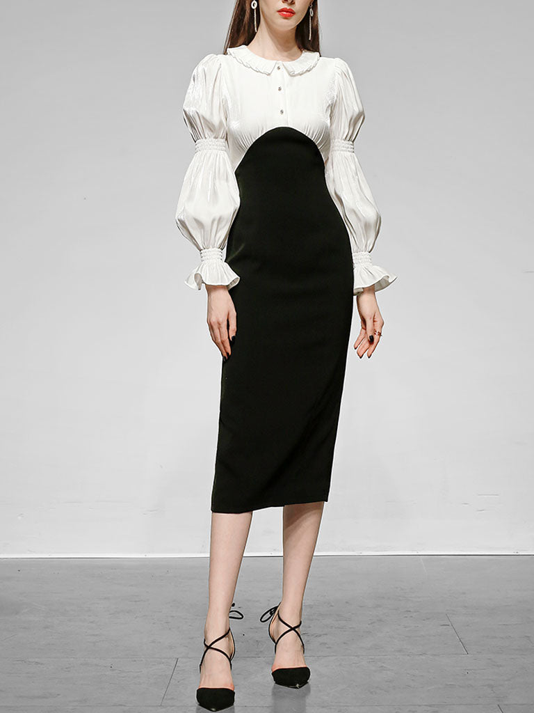 White Peter Pan Collar Long Sleeve Fake Two Piece Little Black Dress