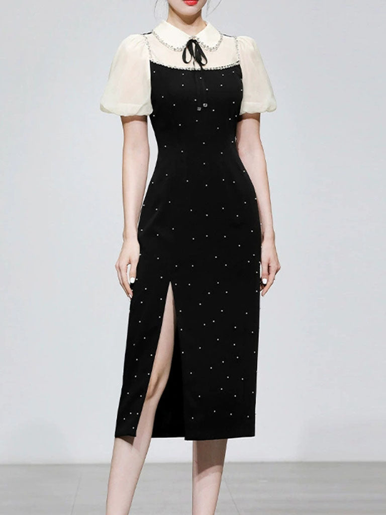 Black Peter Pan Collar Puff Sleeve Split Party Dress