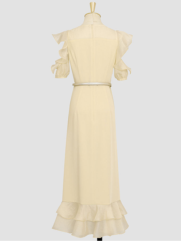 Yellow Organza Semi-Sheer  Ruffled Hem Vintage Dress
