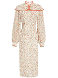 Orange Floral Print Long Sleeve Fishtail Cheongsam Dress