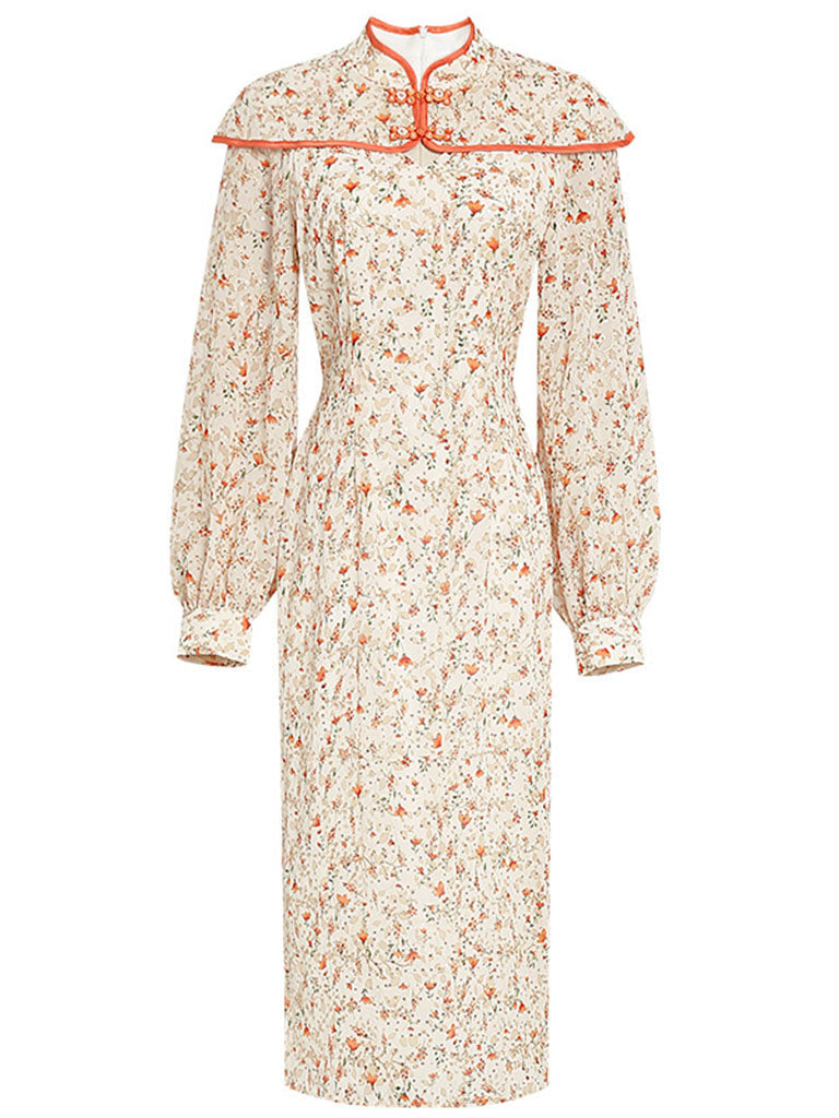 Orange Floral Print Long Sleeve Fishtail Cheongsam Dress