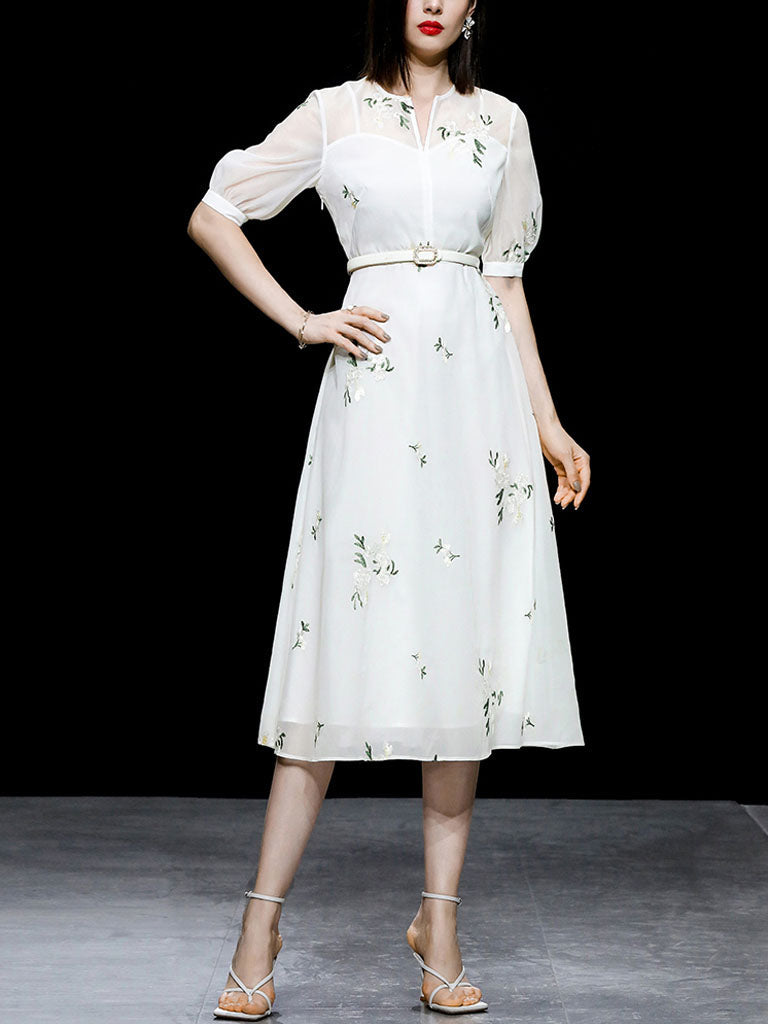White V Neck Puff Sleeves Embroidered Organza Vintage Dress