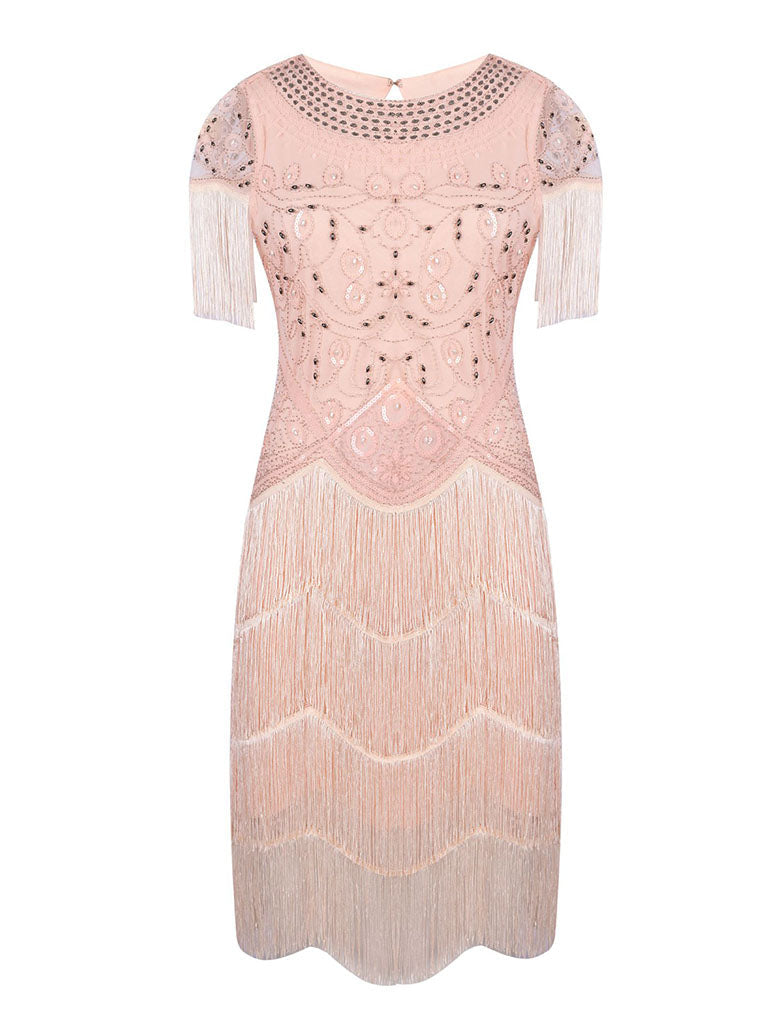 Pink Gatsby Glitter Fringe 1920s Flapper Dress Set