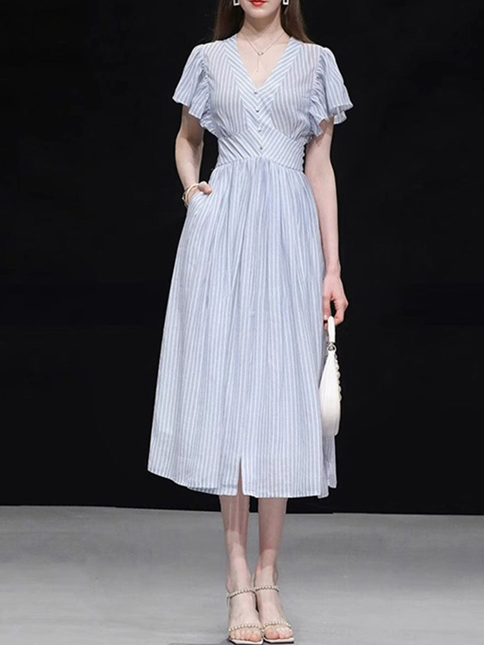 Light Blue Striped V Neck 1950S Vintage Dress