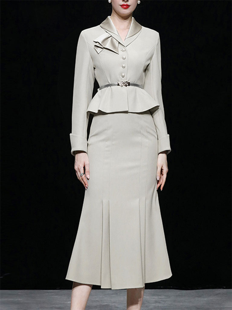 2PS Grey Wasp Waist Top And Wrap Fishtail Skirt Suit