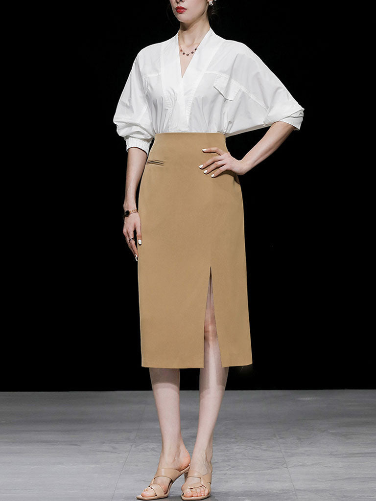 2PS V Neck White Shirt And Khaki Split Bodycon Skirt Suit