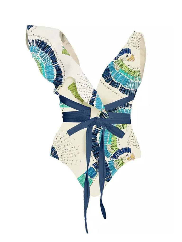Blue Floral Print Ruffles Strap One Piece
