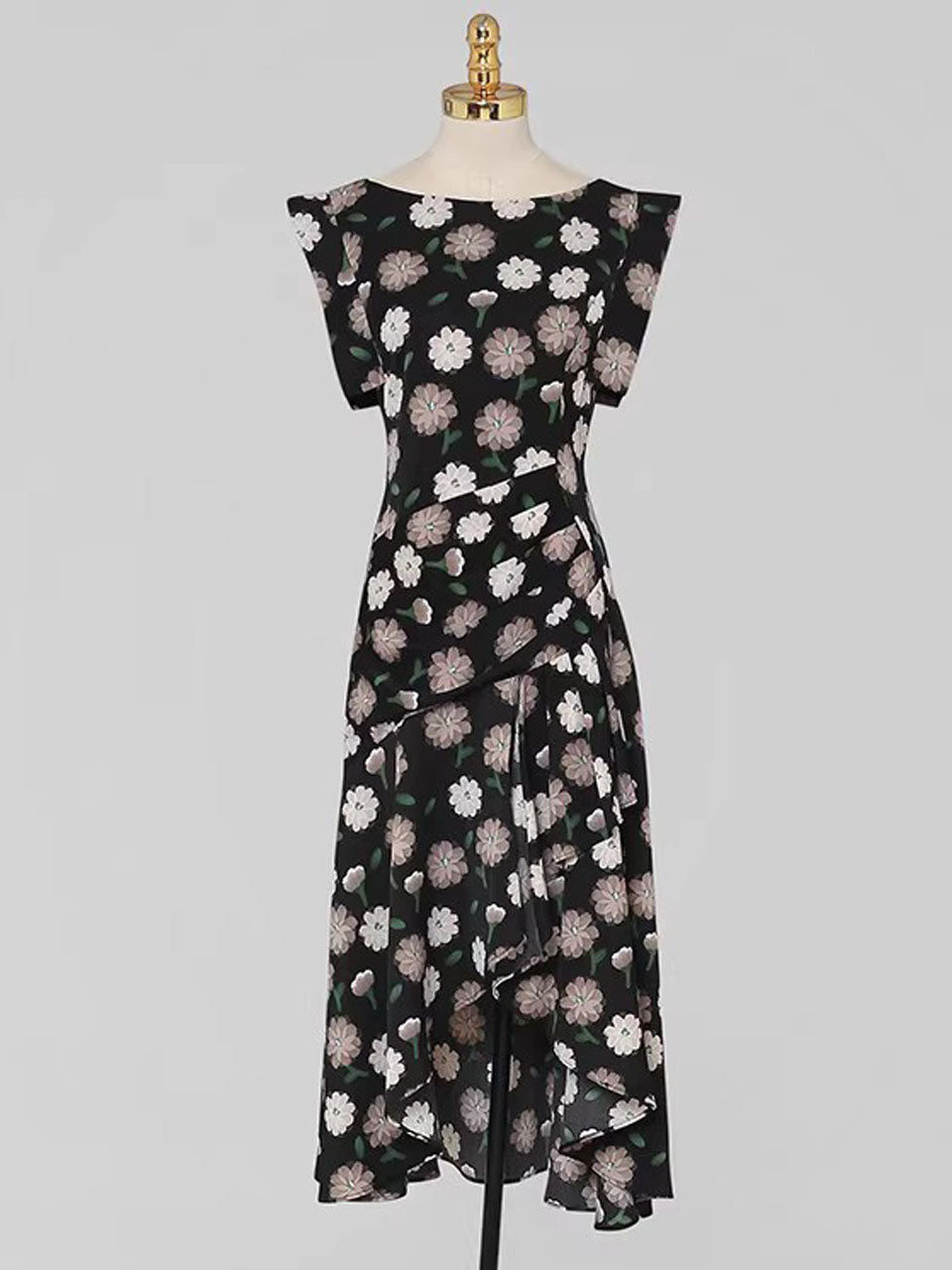 Black Floral Print Short Front Long Back Design Butterfly Sleeve 1940S Vintage Dress