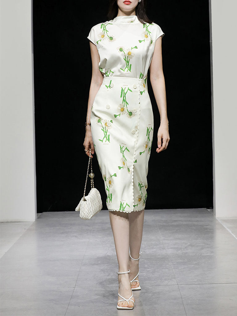 2PS White Retro Stand Collar Satin Printed Top