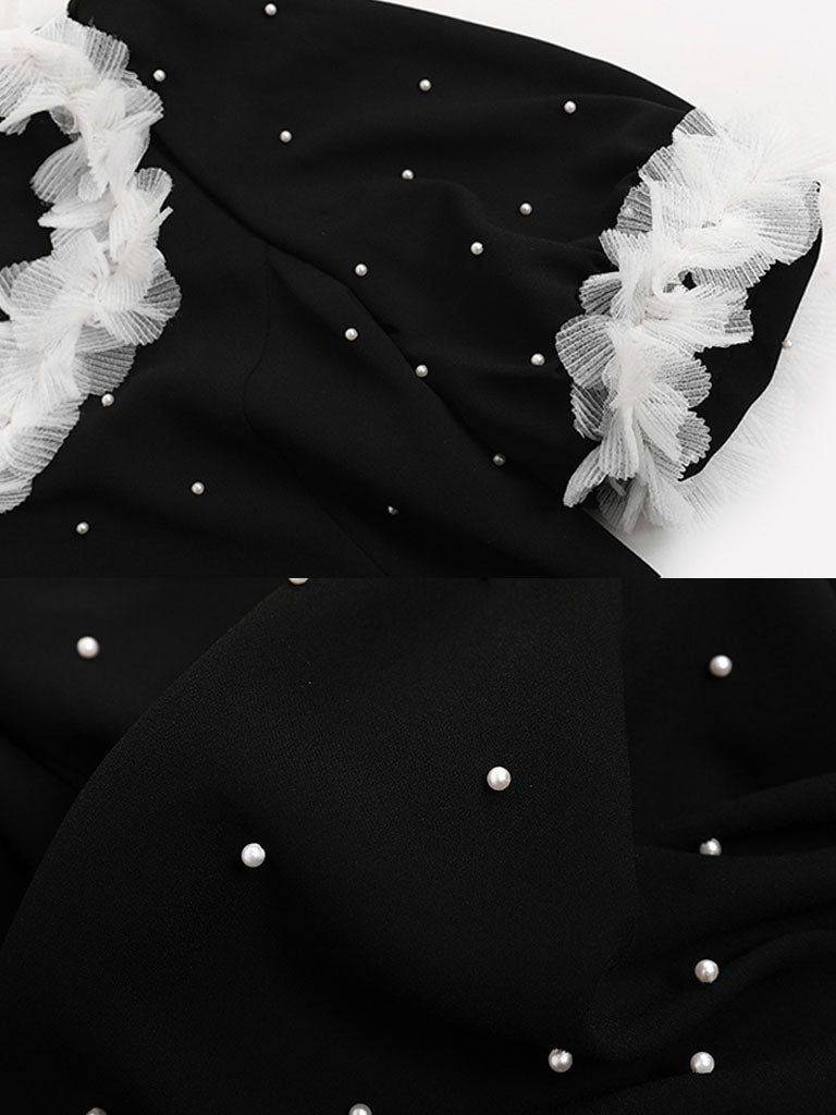 White Lace Square Neck Puff Sleeve Vintage Pearl Hepburn Style Midi Black Dress