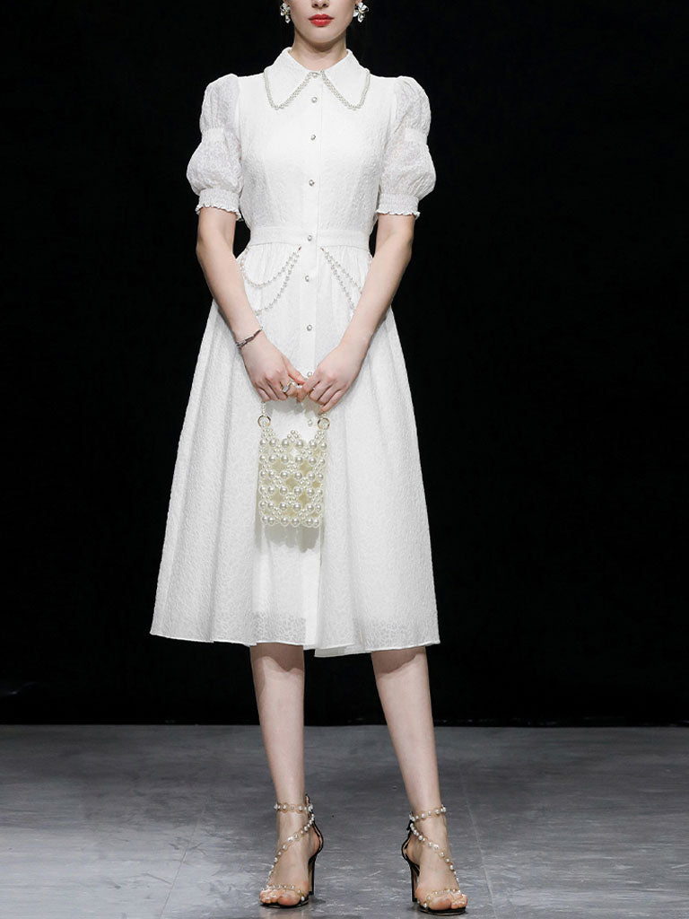 White Pearl Collar Romantic Floral Textured Shirt Dress