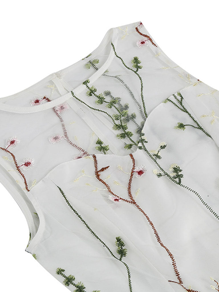 Wine Red Semi Mesh Flower Embroidered Sleeveless 50S Swing Dress
