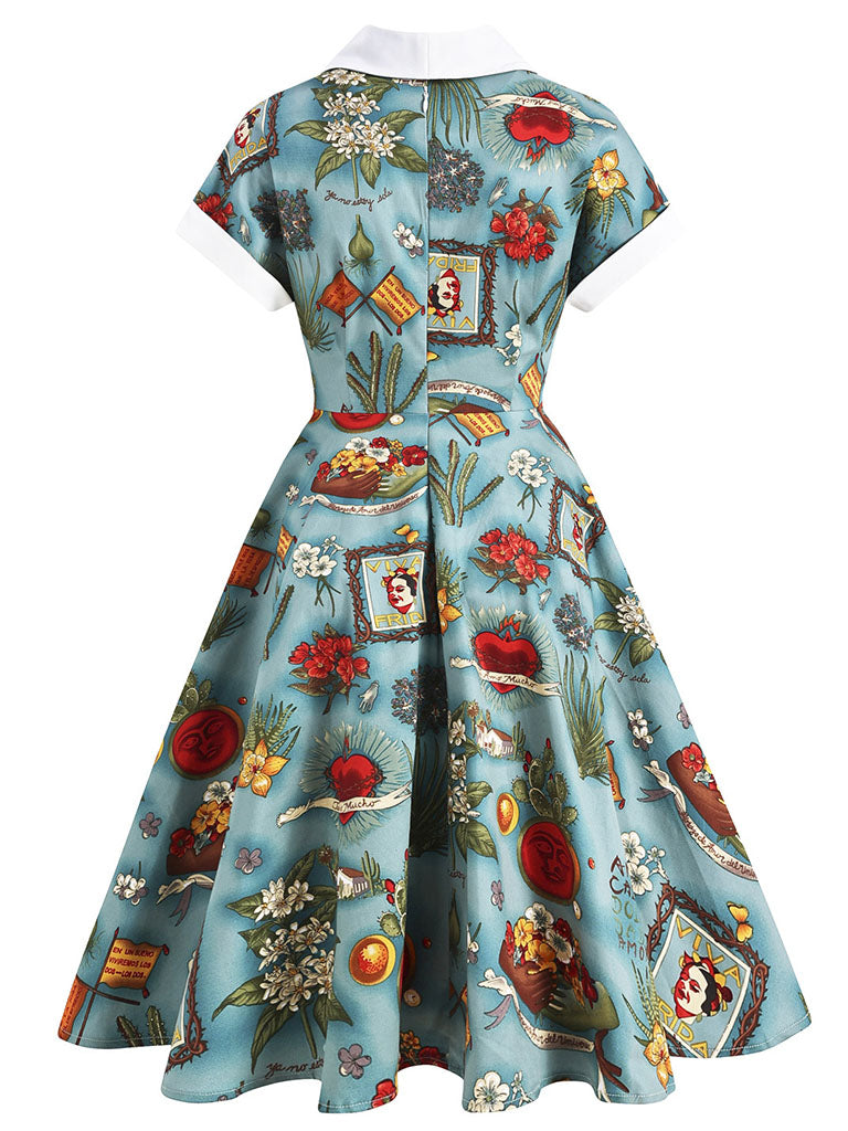 1960S Green Portrait Painting Turn-down Swing Vintage Dress