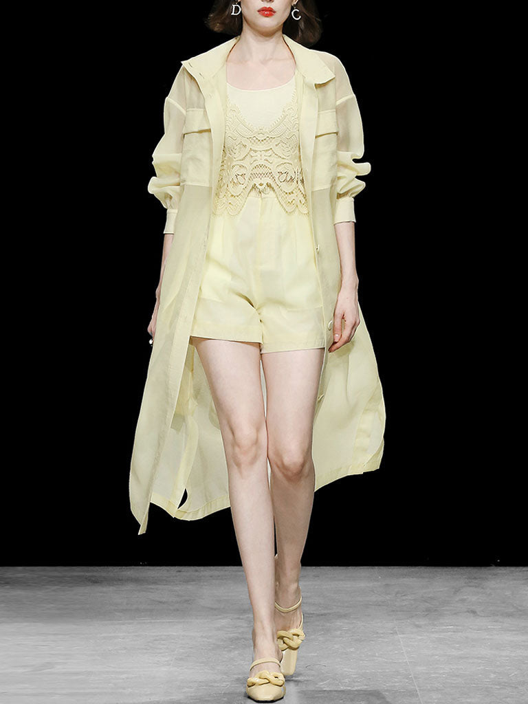 4PS Yellow 1950S Vintage Camisole Lace Vest And Shorts Coat Set