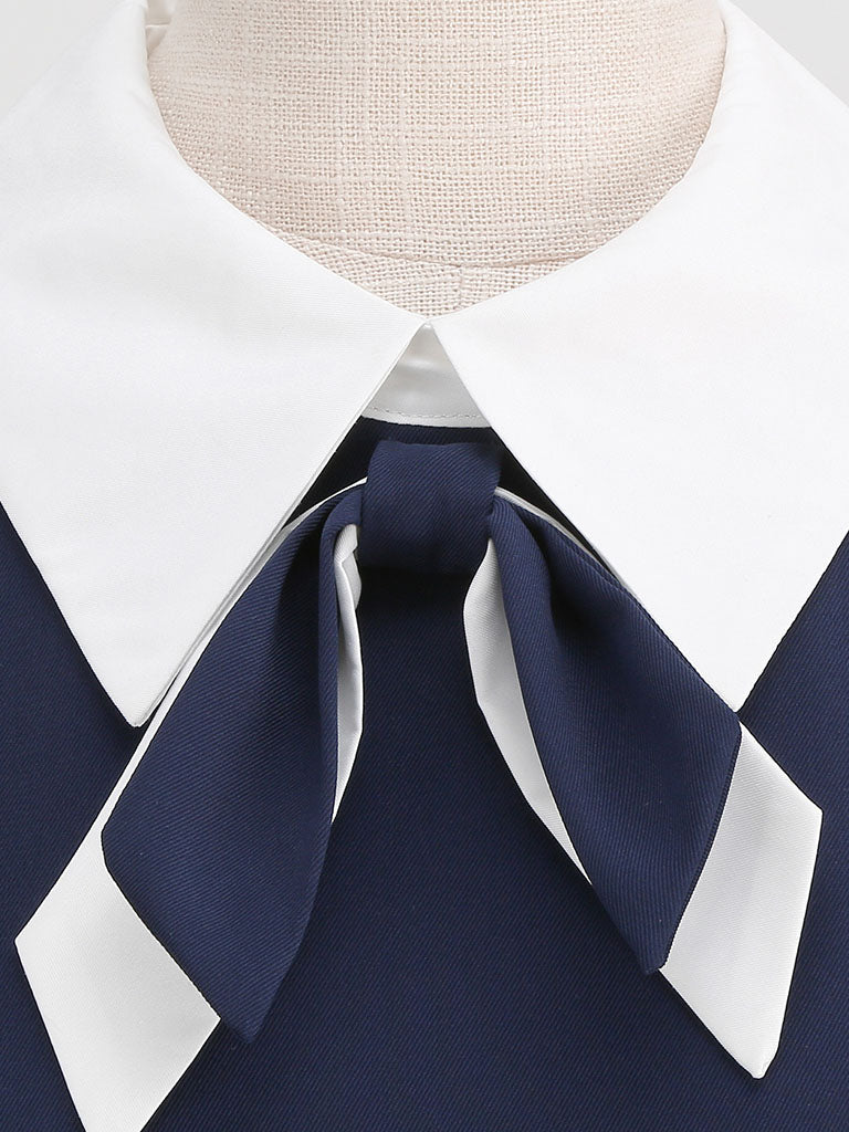 Navy Cotton Plaid Short Sleeve Cravat Tie 1950S Vintage Dress