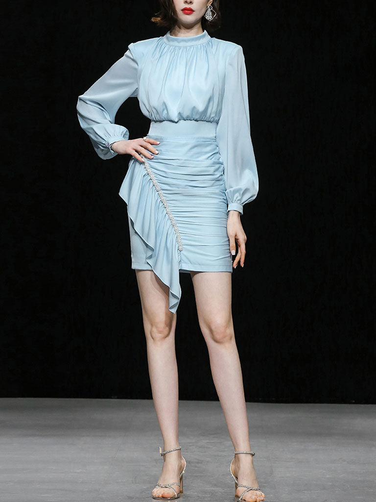 Blue Lantern Long Sleeve Crinkled Bodycon Satin Party Dress