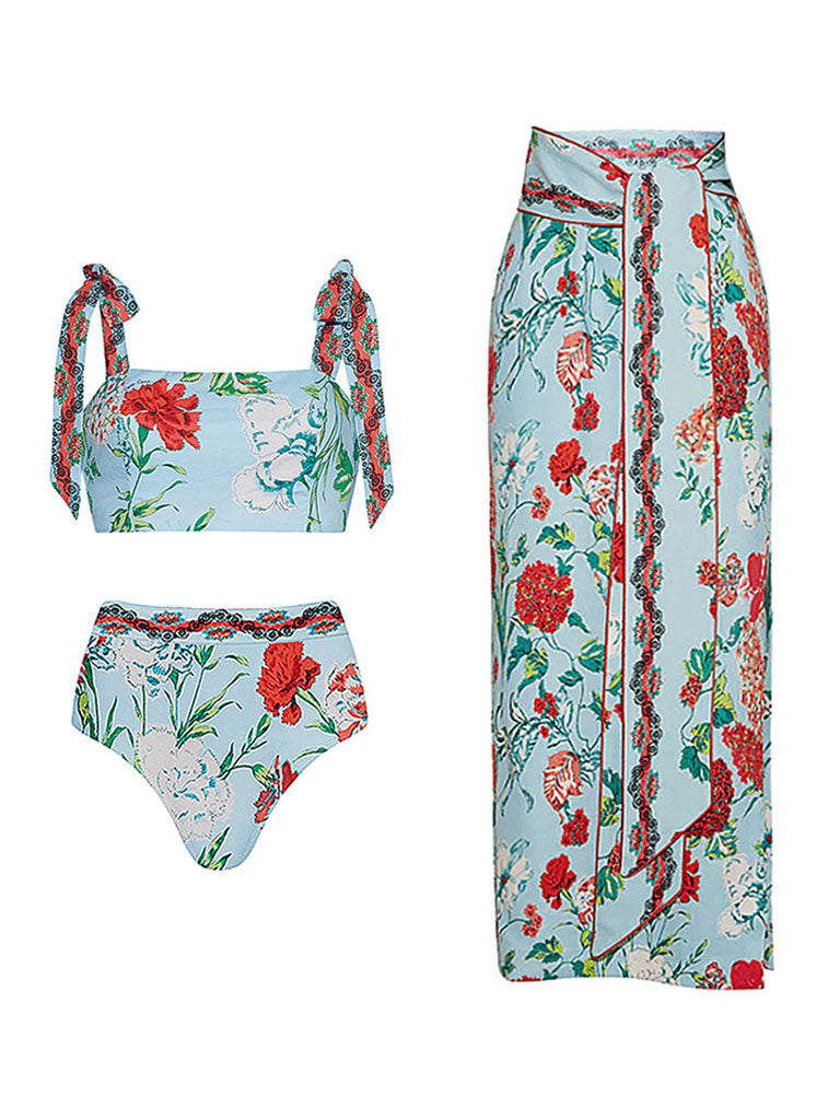Green Retro Floral Print Strappy Bikini