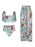 Green Retro Floral Print Strappy Bikini