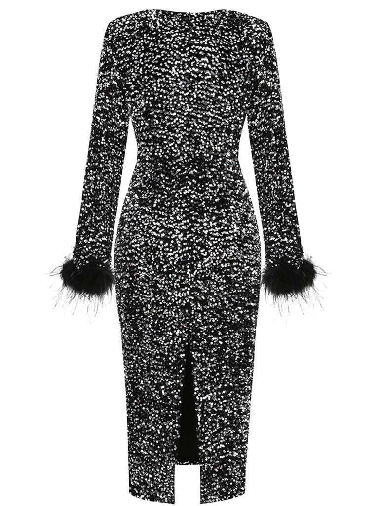 Black Sweet Feather Hem Sequin Long Sleeve Bodycon Gown Party Dress