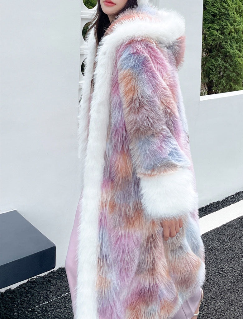 Faux Fur Coat V Neck Long Sleeve Hooded Maxi Winter Coat