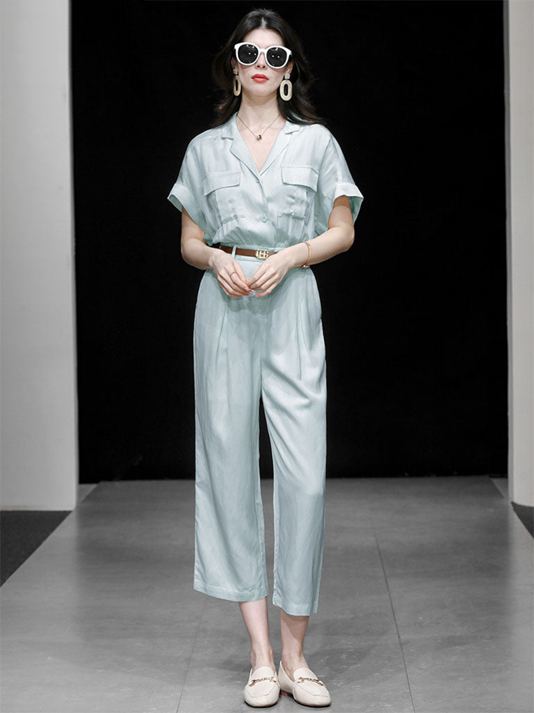 Baby Blue Lapel Collar Cotton And Linen Short Sleeve Workwear Jumpsuit