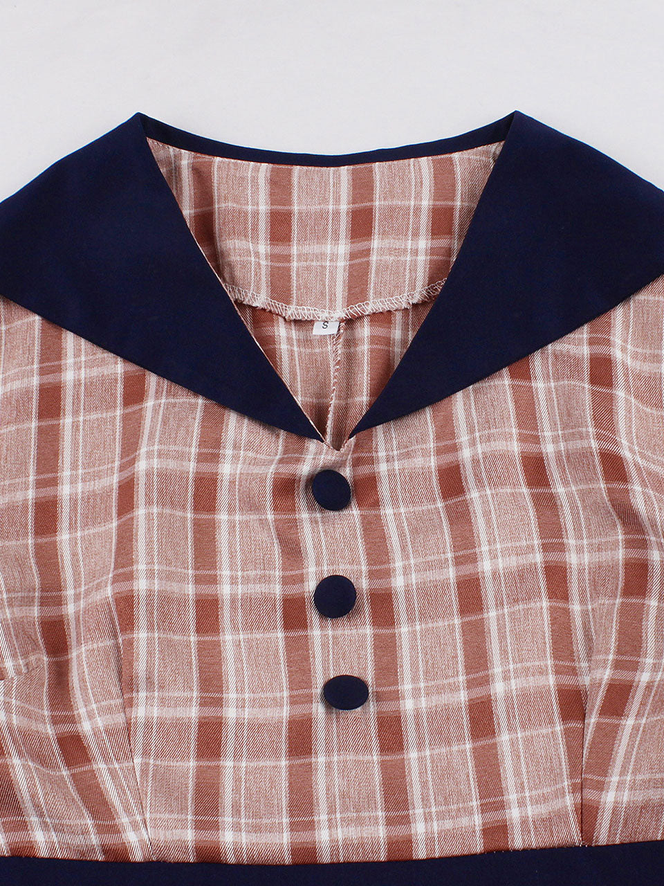 1950S Brown Sailor Collar Plaid Short Sleeve Vintage Dress