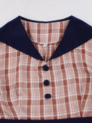 1950S Brown Sailor Collar Plaid Short Sleeve Vintage Dress