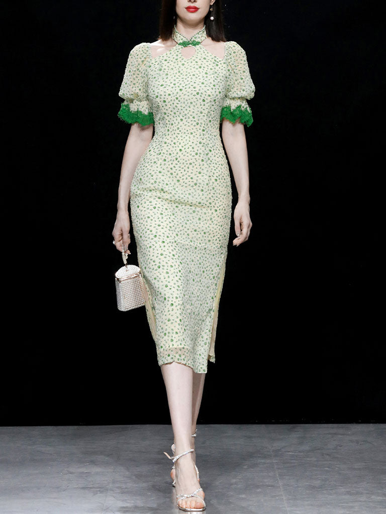 Hollow Fresh Floral Vintage Style Slit Cheongsam Dress