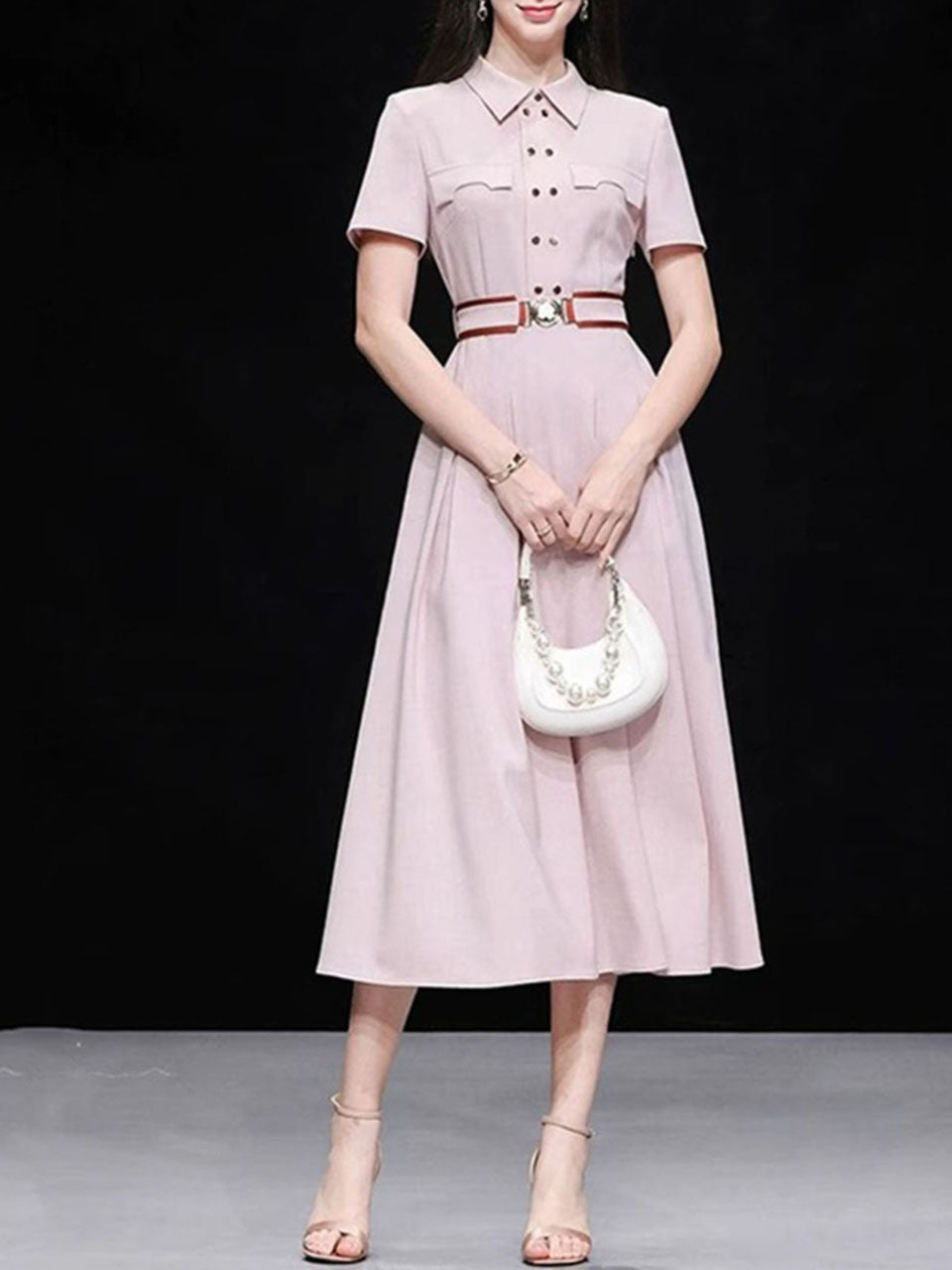 Apricot Pink Double-Breasted Belted Tunic Shirt Dress