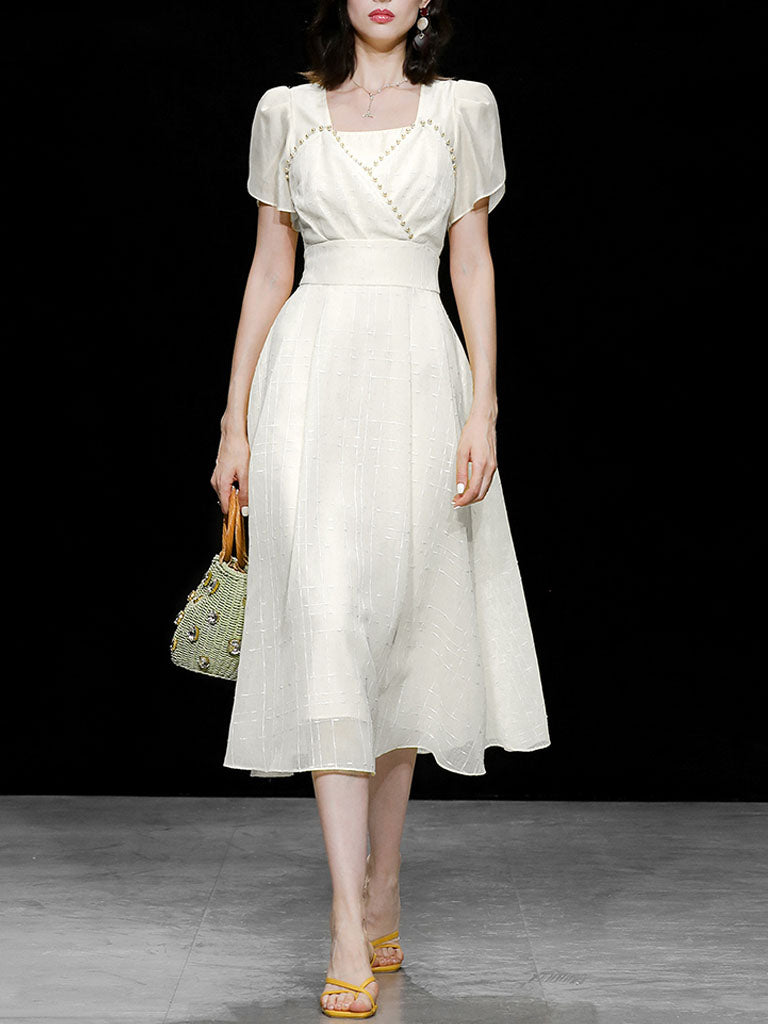 White Bud Sleeve Pearl Square Neck Chiffon 1950S Vintage Dress