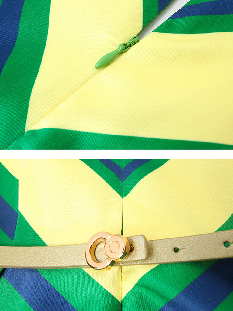 Yellow And Green V Neck Stripes 1950S Hepburn Style Outfits Vintage Swing Dress