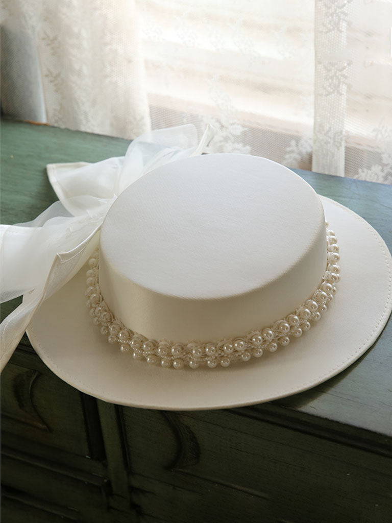 White Big Bow Wedding Pearls Hat