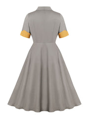 1950S Grey Turndown Collar Short Sleeve Vintage Dress