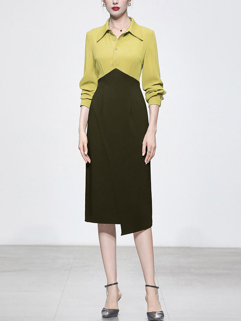 Yellow Turn Down Collar Long Sleeve 1960S Dress
