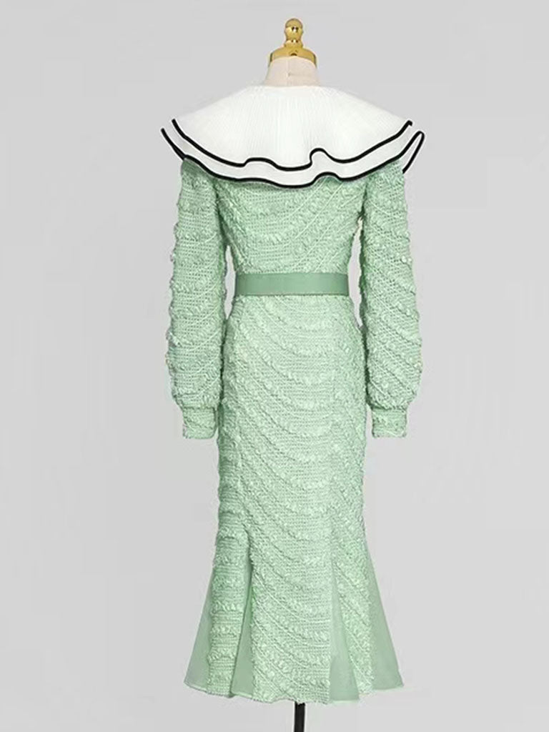 Pea Green Layered Ruffle Collar Knit Mermaid Dress