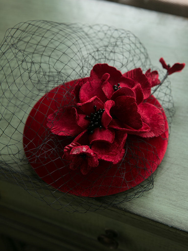 Wine Red Flower Tulle Vintage Velvet 1950S Hat