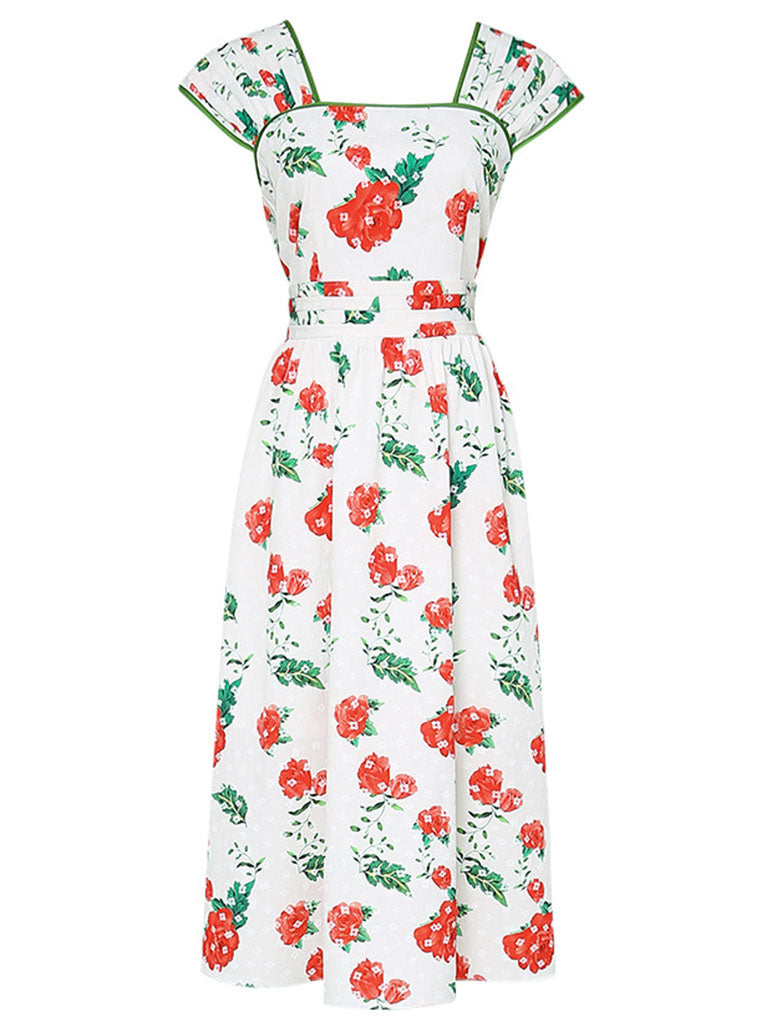 Square Collar Floral Print 1950S Vintage Dress