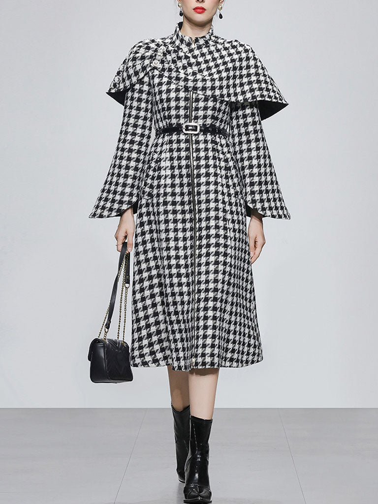 2PS Stand Collar Flared Sleeve  Houndstooth Wool Coat