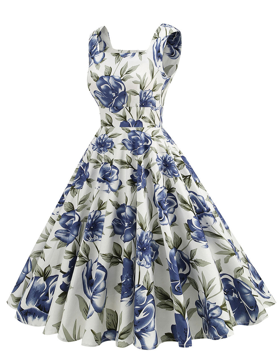 Blue Floral Print  Sleeveless 1950S Vintage Dress