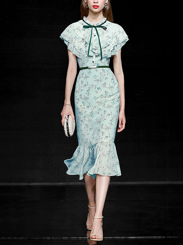 Light Green Butterfly Sleeve Ruffles Floral Vintage Mermaid Dress