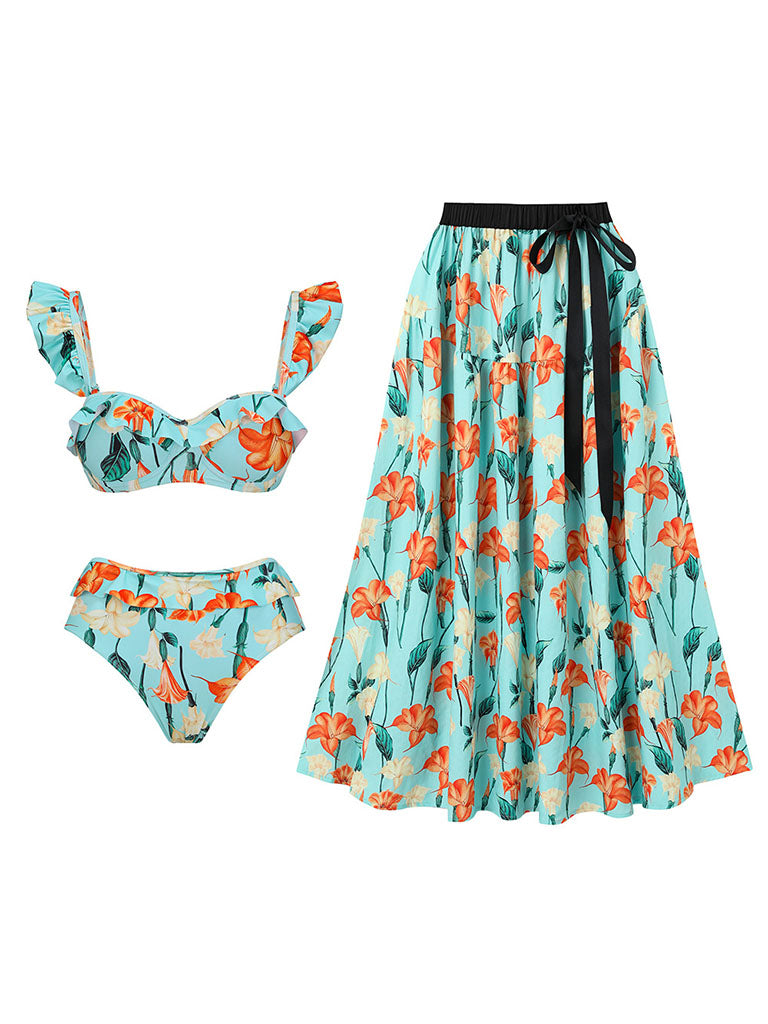 Light Green Retro Floral Print Bikini