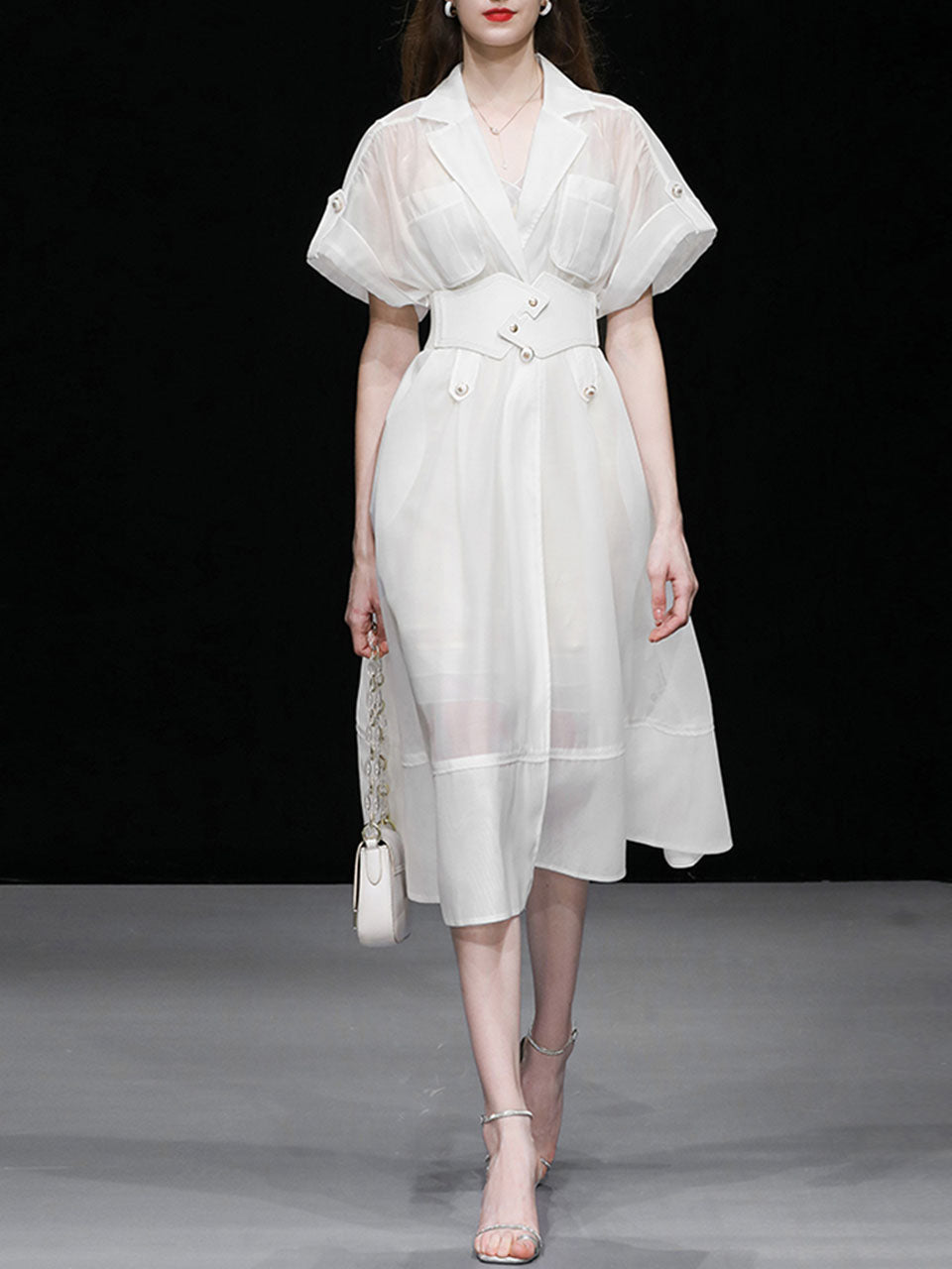 White Lapel Trench 1950S Vintage Organza Dress