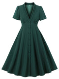 Dark Green V Neck Short Sleeve Vintage Swing Dress