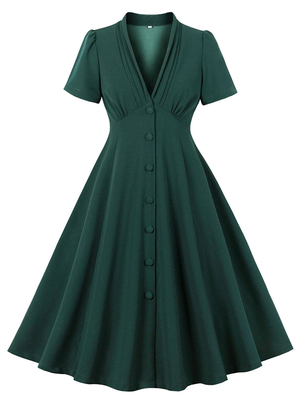 Dark Green V Neck Short Sleeve Vintage Swing Dress