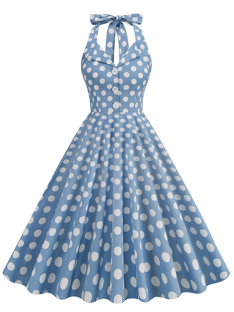 Green And White Polka Dots Pockets Vintage Halter 1950S Dress