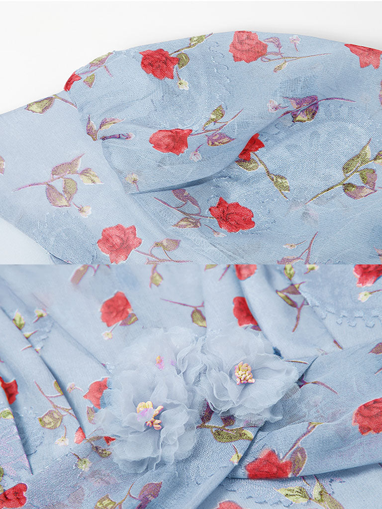 Pink Rose Floral Chiffon Vintage Style 1950S Dress
