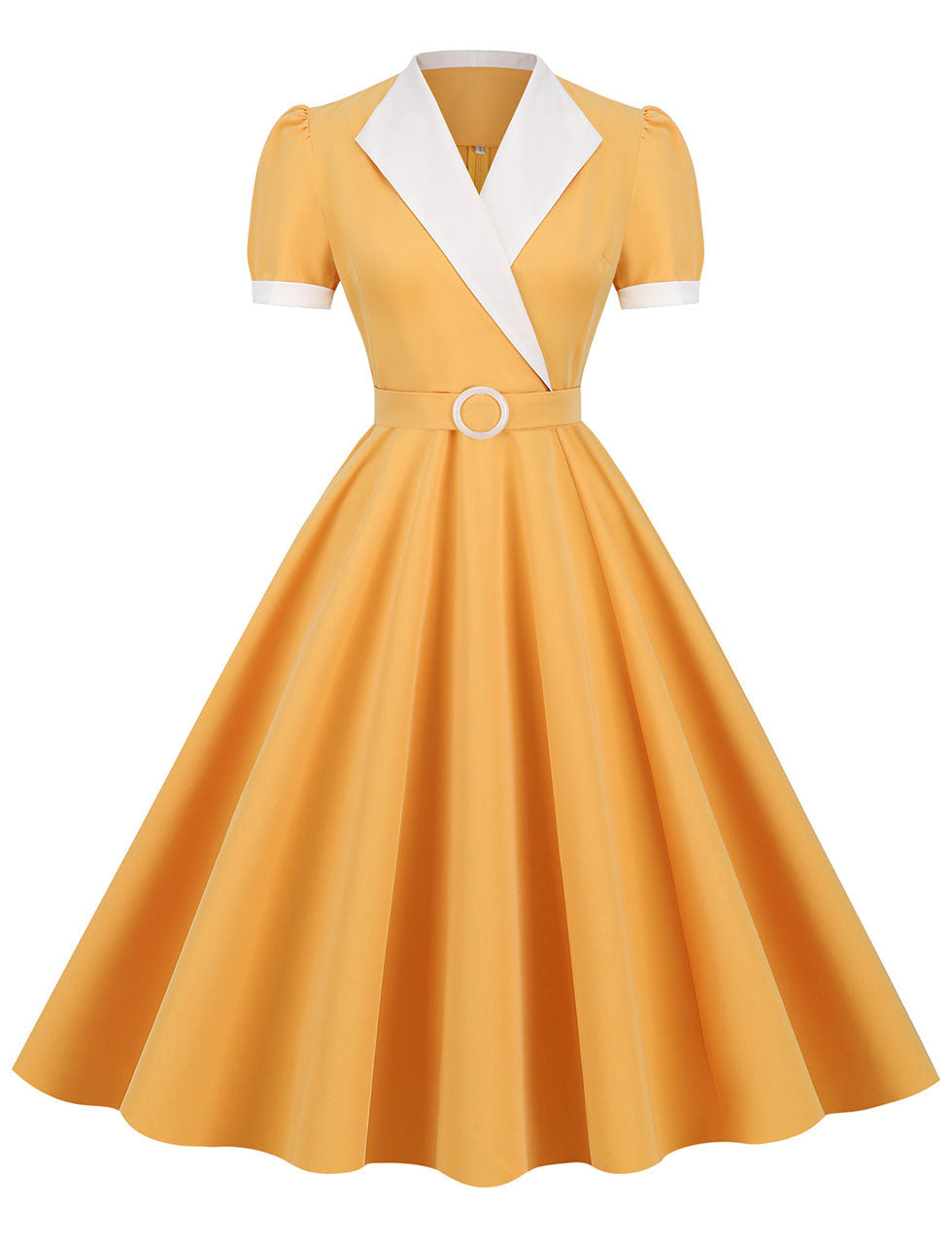 Yellow V Neck Short Sleeve Swing Vintage 1950S Dress