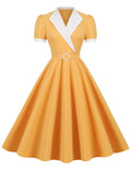 Yellow V Neck Short Sleeve Swing Vintage 1950S Dress