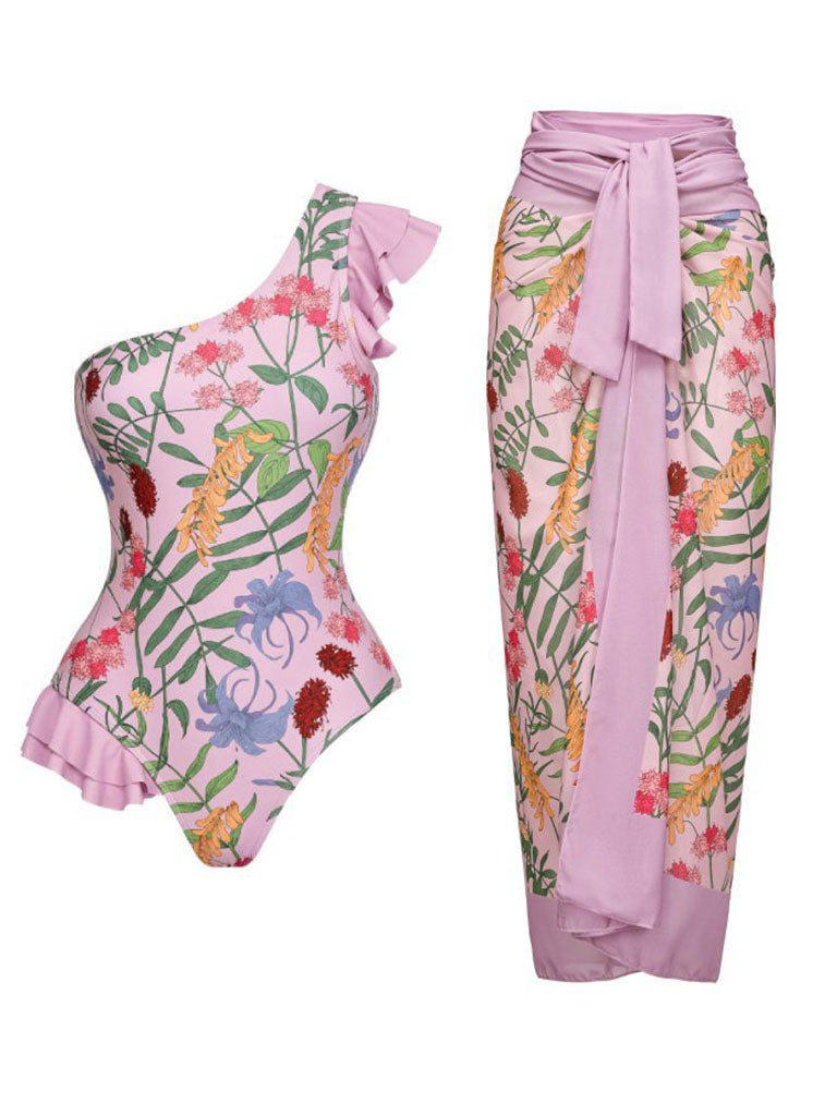 Pink Floral Print Retro Style Ruffles One Piece